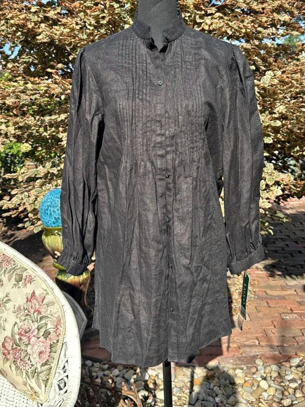 Liz Claiborne Charcoal Black Long-Sleeve Button Tunic Dress